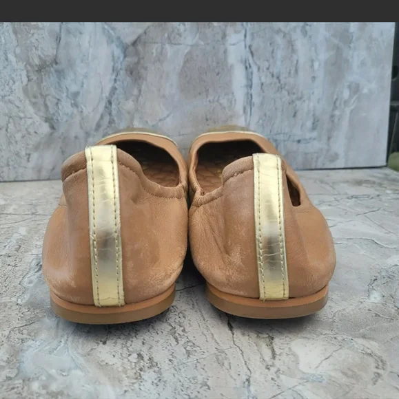 Sam Edelman Women's 7.5 Baxton 2 Tan Leather Gold Cap Toe Slip On Ballet Flats - Picture 4 of 11